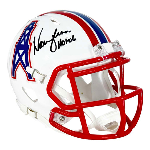 Warren Moon Signed HOF 06 Inscription Houston Oilers 1981-98 Throwback Speed Mini Replica Football Helmet (JSA)