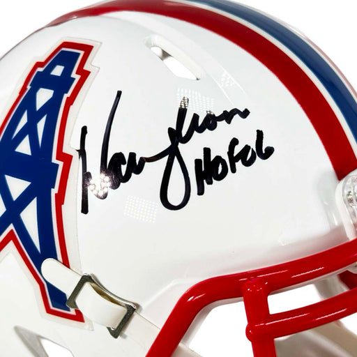 Warren Moon Signed HOF 06 Inscription Houston Oilers 1981-98 Throwback Speed Mini Replica Football Helmet (JSA)