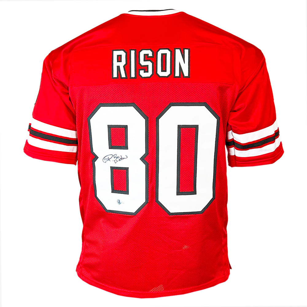 Andre Rison Signed Bad Moon Inscription Atlanta Red Football Jersey (Beckett)