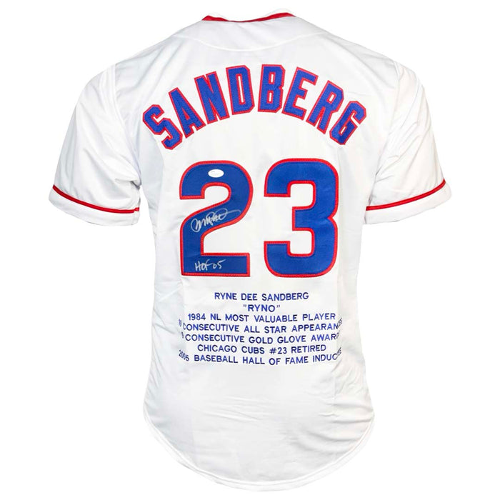 Ryne Sandberg Signed HOF 05 Inscription Chicago White Stats Baseball Jersey (JSA)