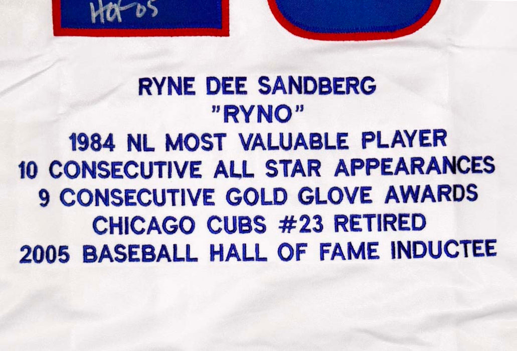 Ryne Sandberg Signed HOF 05 Inscription Chicago White Stats Baseball Jersey (JSA)