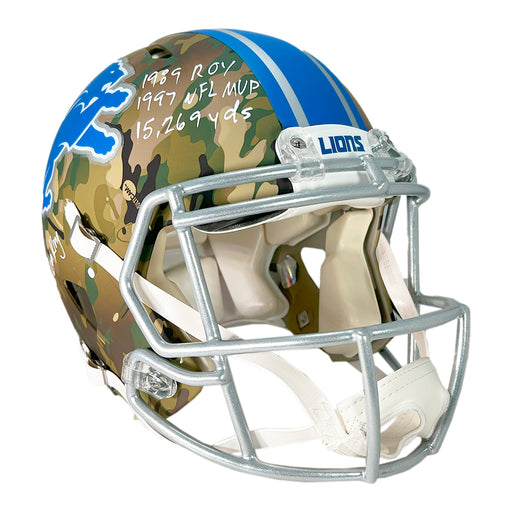 Barry Sanders Signed Multi-Inscription Detroit Lions Camo Authentic Speed Full-Size Football Helmet (Beckett)