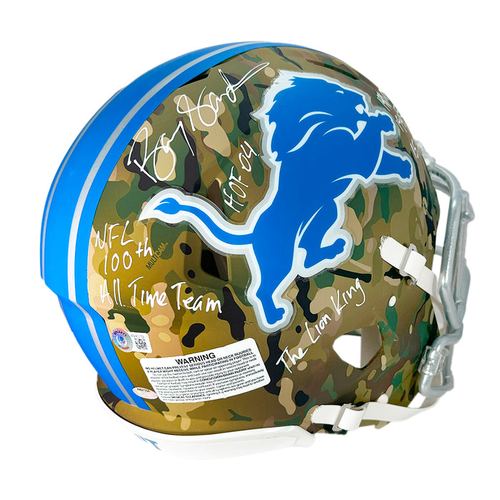 Barry Sanders Signed Multi-Inscription Detroit Lions Camo Authentic Speed Full-Size Football Helmet (Beckett)