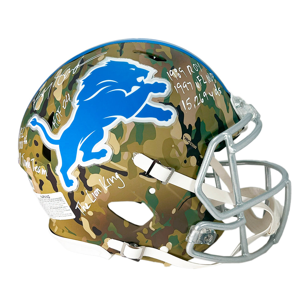 Barry Sanders Signed Multi-Inscription Detroit Lions Camo Authentic Speed Full-Size Football Helmet (Beckett)