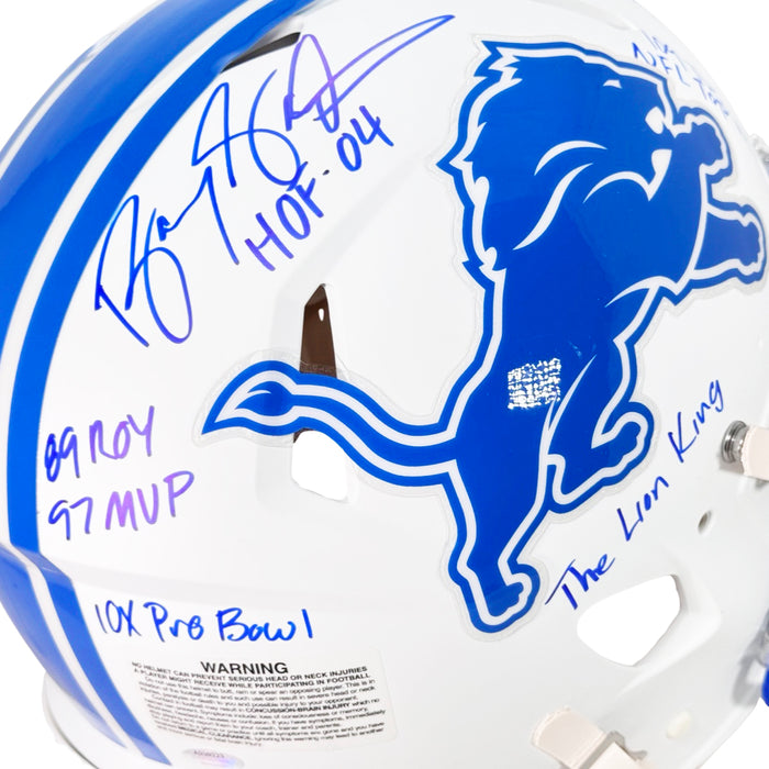 Barry Sanders Signed Multi-Inscription Detroit Lions Authentic Flat White Speed Full-Size Football Helmet (JSA)