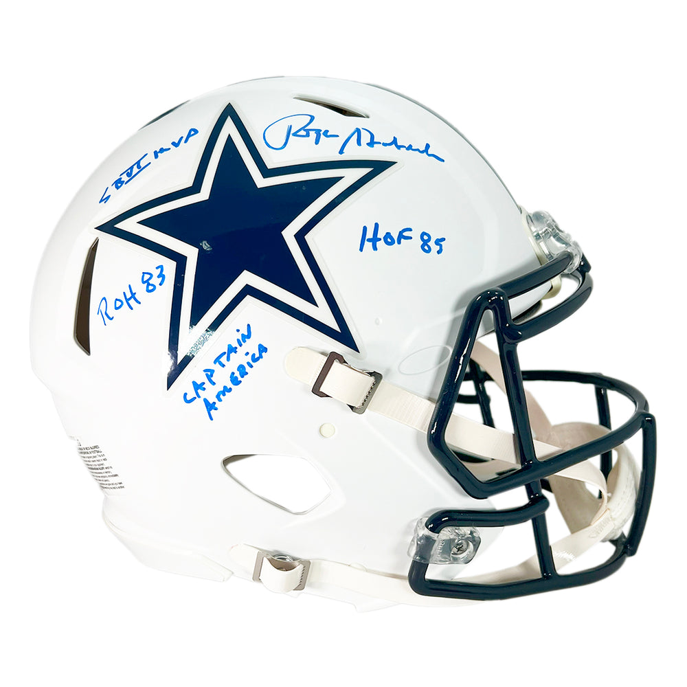 Roger Staubach Signed Multi-Inscription Dallas Cowboys Authentic Flat White Speed Full-Size Football Helmet (Beckett)