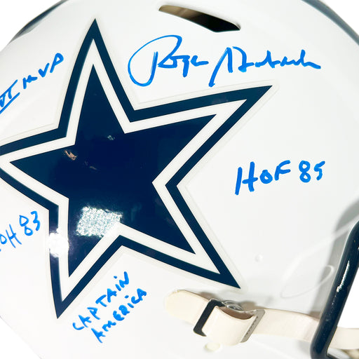 Roger Staubach Signed Multi-Inscription Dallas Cowboys Authentic Flat White Speed Full-Size Football Helmet (Beckett)