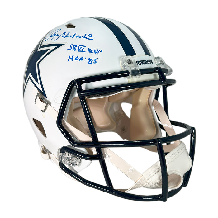 Roger Staubach Signed HOF SB MVP Inscription Dallas Cowboys Authentic Flat White Speed Full-Size Football Helmet (Beckett)