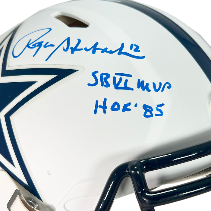 Roger Staubach Signed HOF SB MVP Inscription Dallas Cowboys Authentic Flat White Speed Full-Size Football Helmet (Beckett)