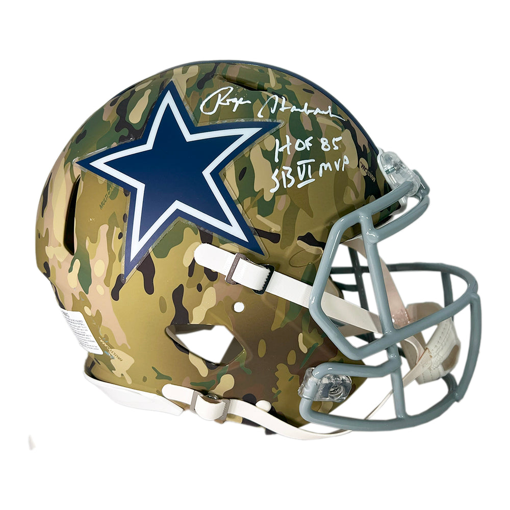 Roger Staubach Signed HOF SB MVP Inscription Dallas Cowboys Camo Authentic Speed Full-Size Football Helmet (Beckett)