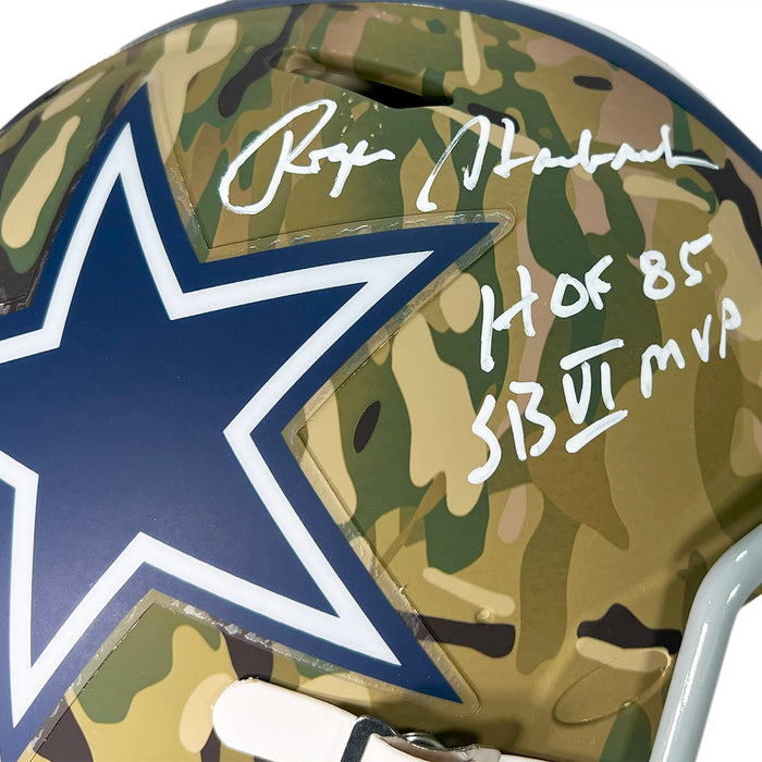 Roger Staubach Signed HOF SB MVP Inscription Dallas Cowboys Camo Authentic Speed Full-Size Football Helmet (Beckett)