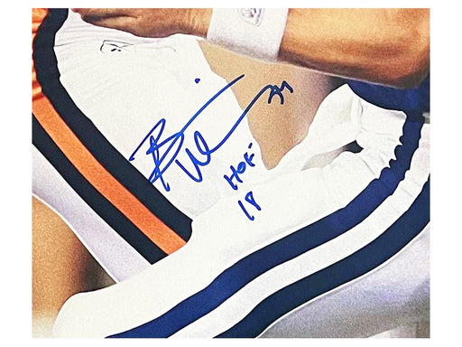 Brian Urlacher Signed HOF 18 Inscription Chicago Holding Manning Football 11x14 Photo (Beckett)