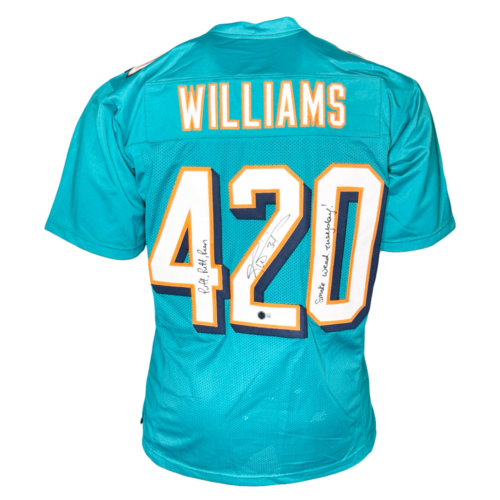 Ricky Williams Signed Puff Puff Run Smoke Weed Every Day Inscription Miami Pro Blue Football Jersey (Beckett)