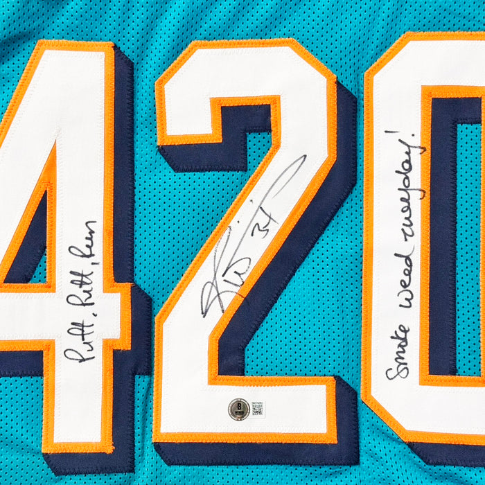 Ricky Williams Signed Puff Puff Run Smoke Weed Every Day Inscription Miami Pro Blue Football Jersey (Beckett)