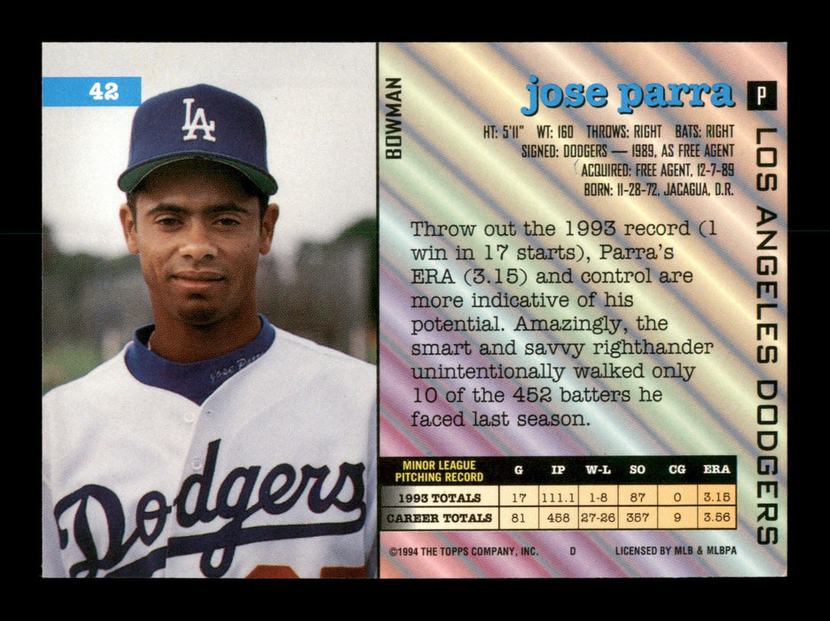 Jose Parra Autographed 1994 Bowman Card #42 Los Angeles Dodgers