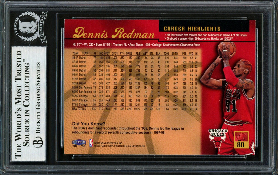 Dennis Rodman Autographed 1998-99 Fleer Ultra Card #80 Chicago Bulls Beckett BAS #12517201 - RSA