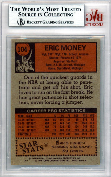 Eric Money Autographed 1978 Topps Card #104 Detroit Pistons Beckett BAS #10009080 - RSA