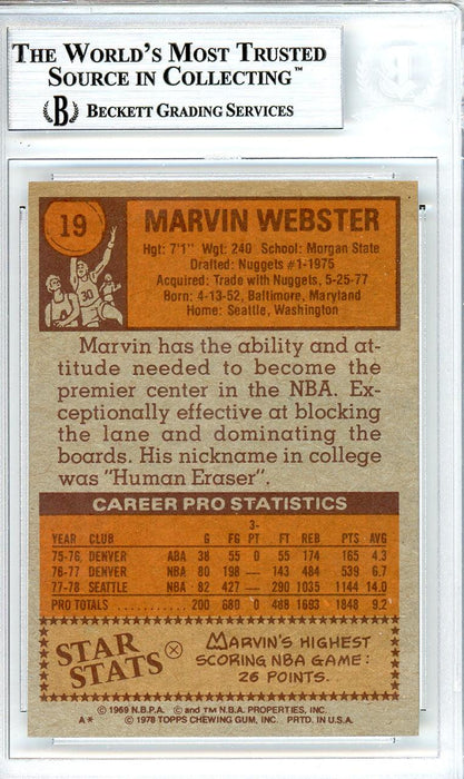 Marvin Webster Autographed 1978-79 Topps Card #19 Seattle Supersonics Beckett BAS #10712248 - RSA