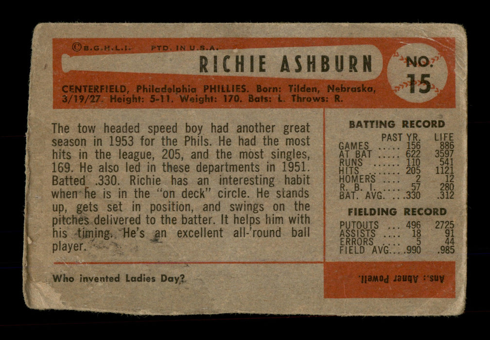 Richie Ashburn Autographed 1954 Bowman Card #15 Philadelphia Phillies — RSA