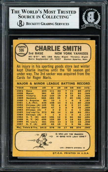 Charlie Smith Autographed 1968 Topps Card #596 New York Yankees Beckett BAS #12057254 - RSA
