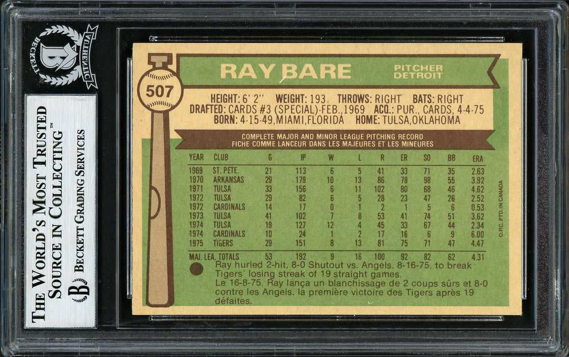 Ray Bare Autographed 1976 O-Pee-Chee Card #507 Detroit Tigers Beckett BAS #12306514 - RSA