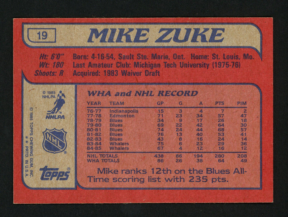 Mike Zuke Autographed 1985-86 Topps Card #19 Hartford Whalers SKU #154129 - RSA