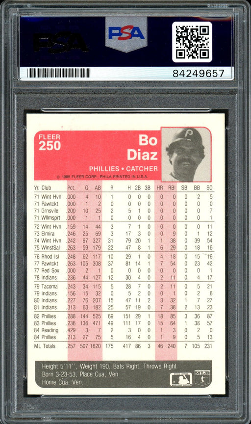 Bo Diaz Autographed 1985 Fleer Card #250 Philadelphia Phillies PSA/DNA #84249657 - RSA