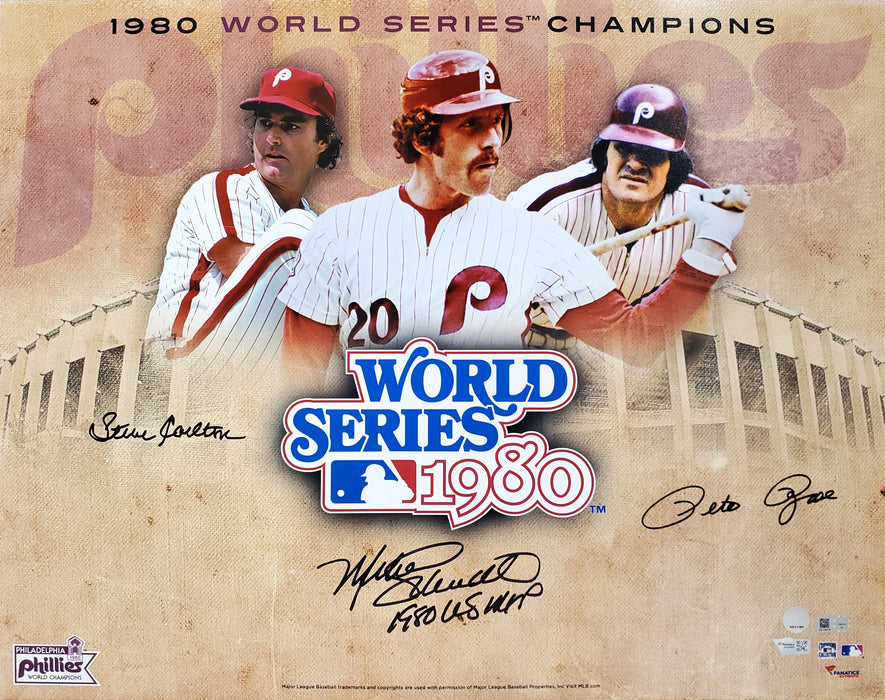 1980 World Series Champion Philadelphia Phillies Autographed 16x20 Photo  With 3 Signatures Including Mike Schmidt, Pete Rose & Steve Carlton MLB  Holo