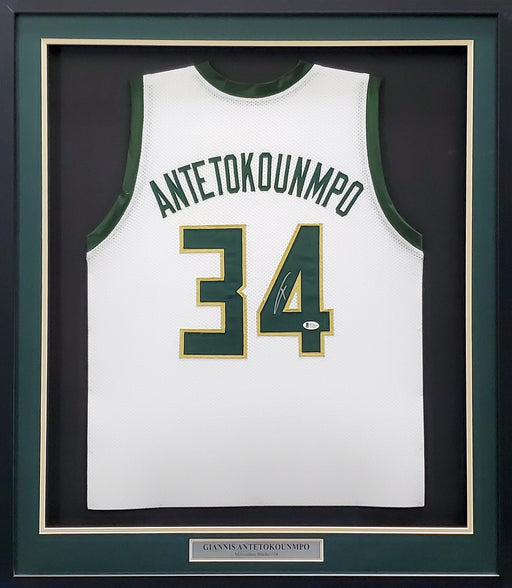 Milwaukee Bucks Giannis Antetokounmpo Autographed Framed White Jersey Beckett BAS Stock #197165 - RSA