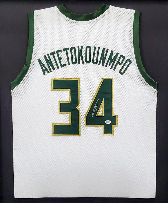 Milwaukee Bucks Giannis Antetokounmpo Autographed Framed White Jersey Beckett BAS Stock #197165 - RSA