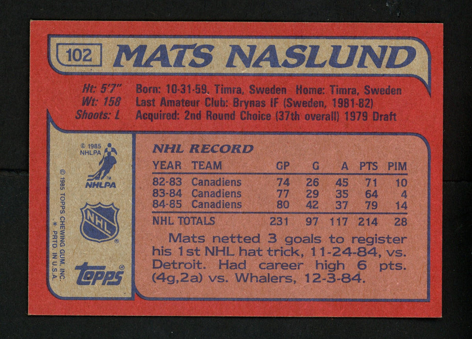 Mats Naslund Autographed 1985-86 Topps Card #102 Montreal Canadiens SKU #154146 - RSA