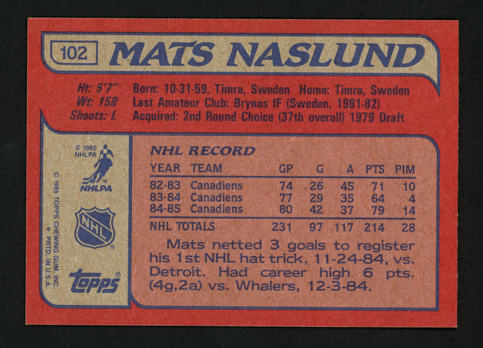 Mats Naslund Autographed 1985-86 Topps Card #102 Montreal Canadiens SKU #154147 - RSA