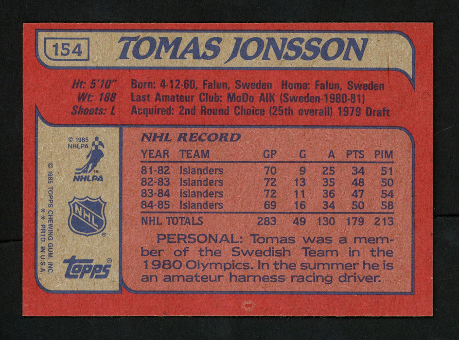 Tomas Jonsson Autographed 1985-86 Topps Card #154 New York Islanders SKU #154161 - RSA