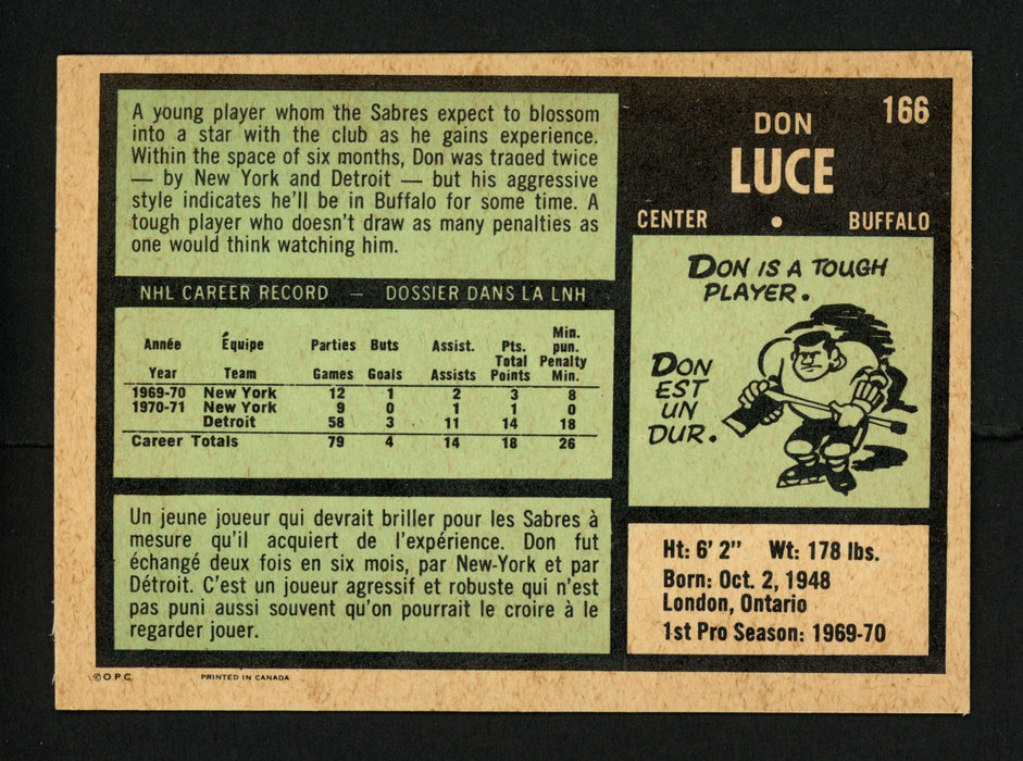Don Luce Autographed 1971-72 O-Pee-Chee Rookie Card #166 Buffalo Sabres SKU #154223 - RSA