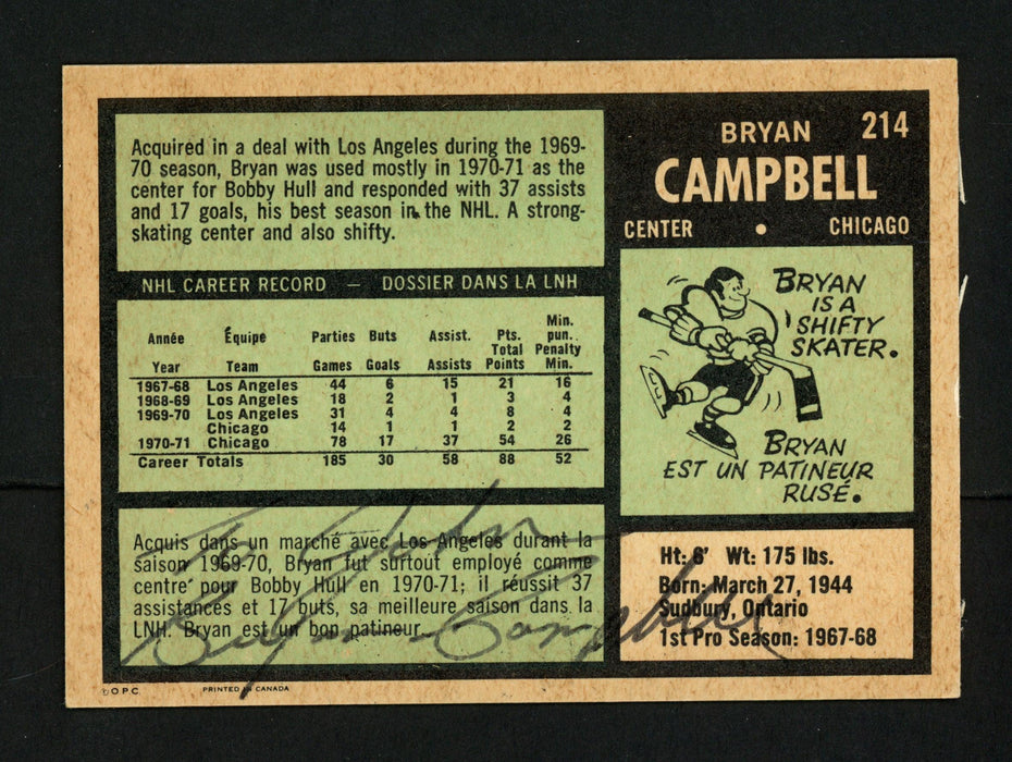 Bryan Campbell Autographed 1971-72 O-Pee-Chee Card #214 Chicago Blackhawks "To John" Signed Twice SKU #154226 - RSA