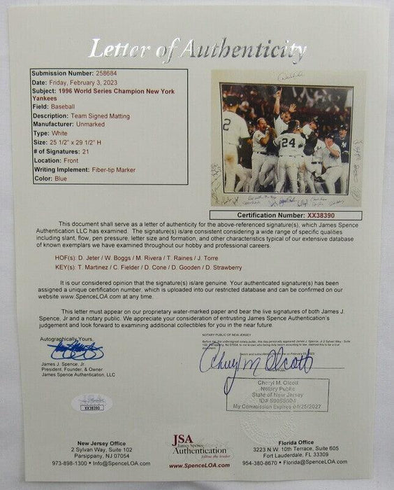 New York Yankees Dwight Gooden Darryl Strawberry Jim Leyritz +18 Signed Matted Photo JSA XX38390 - RSA