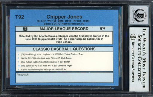 Chipper Jones Autographed 1990 Classic Rookie Card #T92 Atlanta Braves Auto Grade Gem Mint 10 Beckett BAS Stock #192889 - RSA
