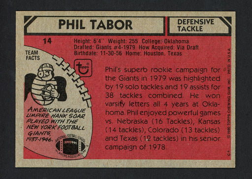 Phil Tabor Autographed 1980 Topps Rookie Card #14 New York Giants SKU #160218 - RSA