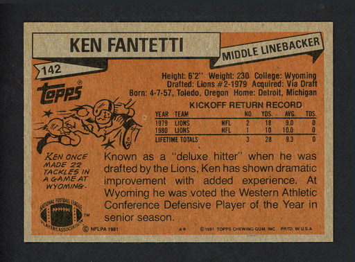 Ken Fantetti Autographed 1981 Topps Card #142 Detroit Lions SKU #160242 - RSA