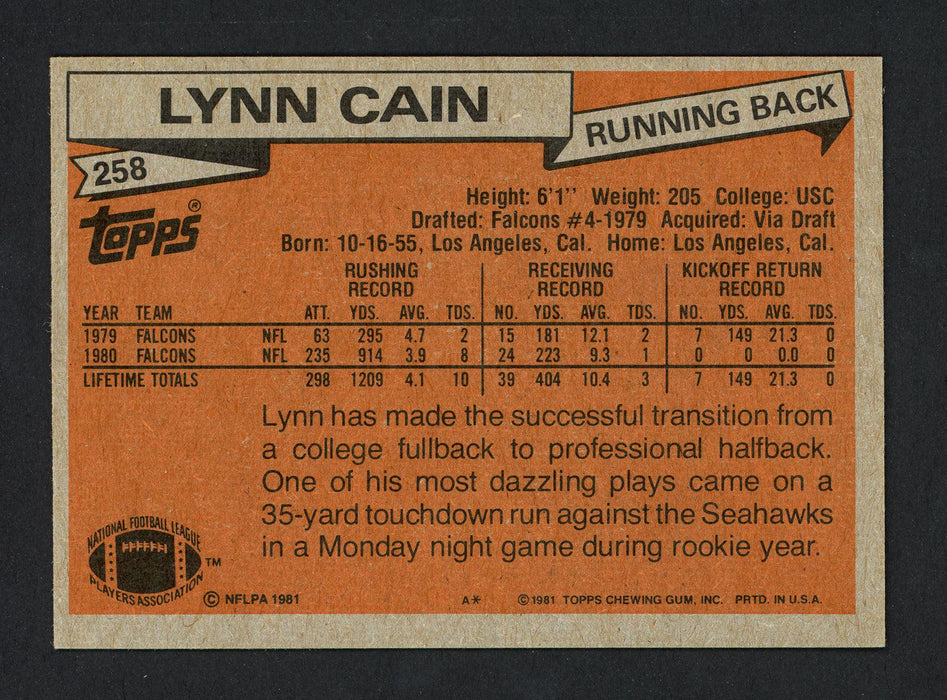 Lynn Cain Autographed 1981 Topps Card #258 Atlanta Falcons SKU #160266 - RSA