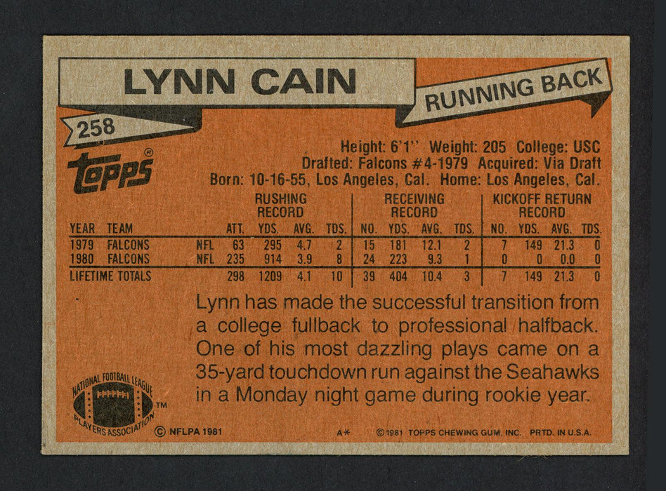 Lynn Cain Autographed 1981 Topps Card #258 Atlanta Falcons SKU #160267 - RSA