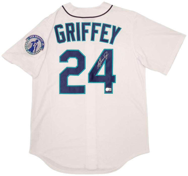 Seattle Mariners Ken Griffey Jr. Autographed White Nike Cooperstown Edition  Jersey Retirement Patch Size M Beckett BAS QR Stock #206018