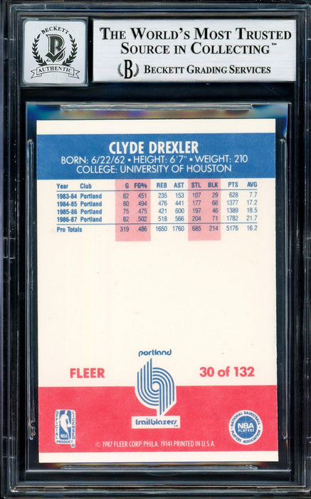 Clyde Drexler Autographed 1987-88 Fleer Card #30 Portland Trail Blazers Auto Grade Gem Mint 10 Beckett BAS Stock #205728 - RSA