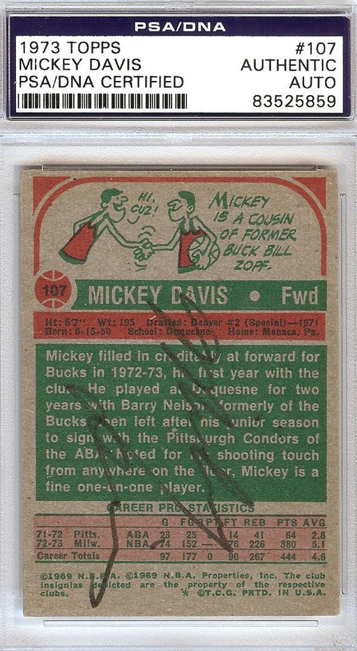 Mickey Davis Autographed 1973 Topps Card #107 Milwaukee Bucks PSA/DNA #83525859 - RSA