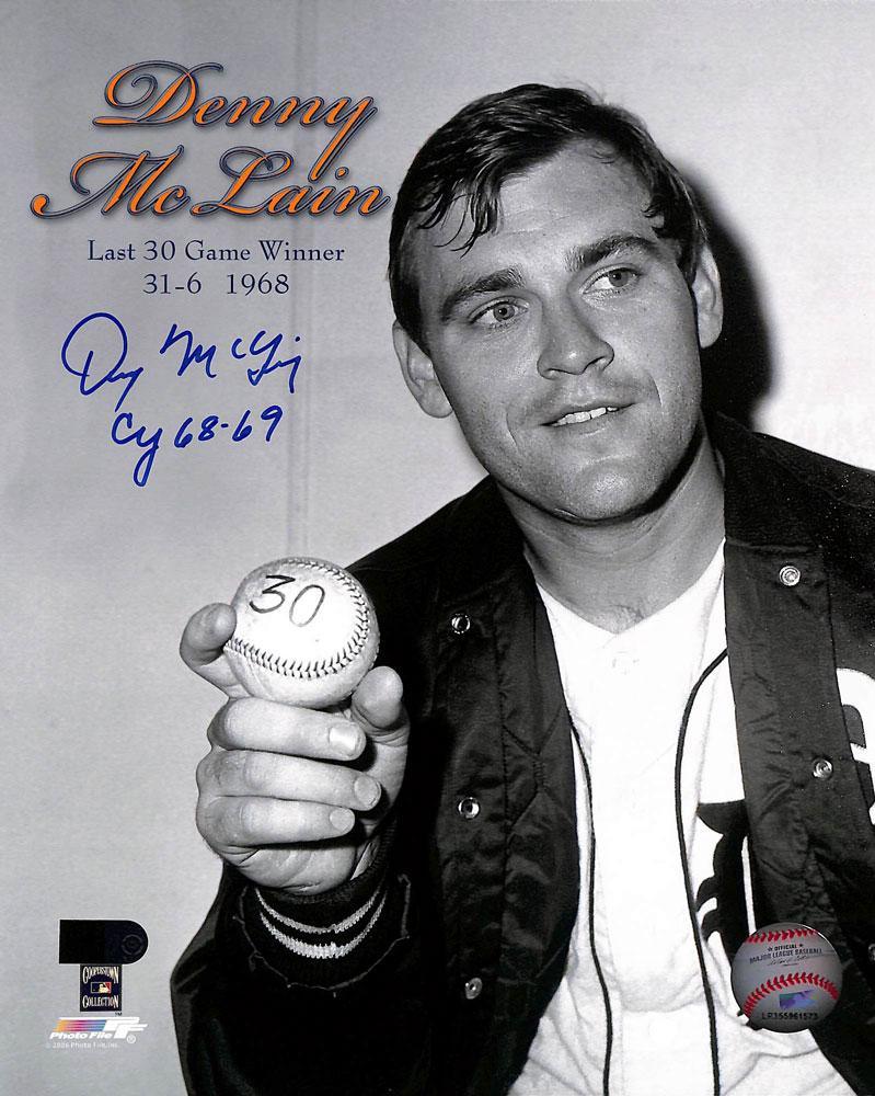 denny mclain signed and inscribed 1968 69 cy 8x10 black and white aiv certificate of authenticity