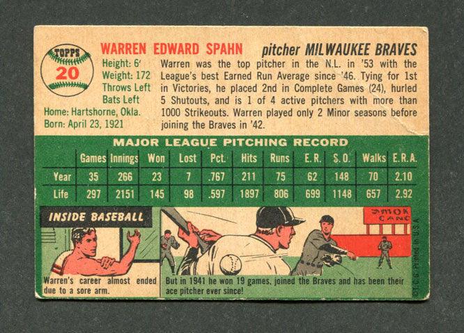 1954 topps 20 warren spahn milwaukee braves baseball card vg top view