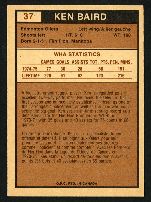 Ken Baird Autographed 1975-76 WHA O-Pee-Chee Rookie Card #37 Edmonton Oilers SKU #151400 - RSA