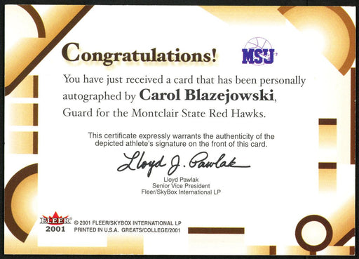 Carol Blazejowski Autographed 2001 Fleer Greats Of The Game Card Montclair State Red Hawks SKU #148181 - RSA