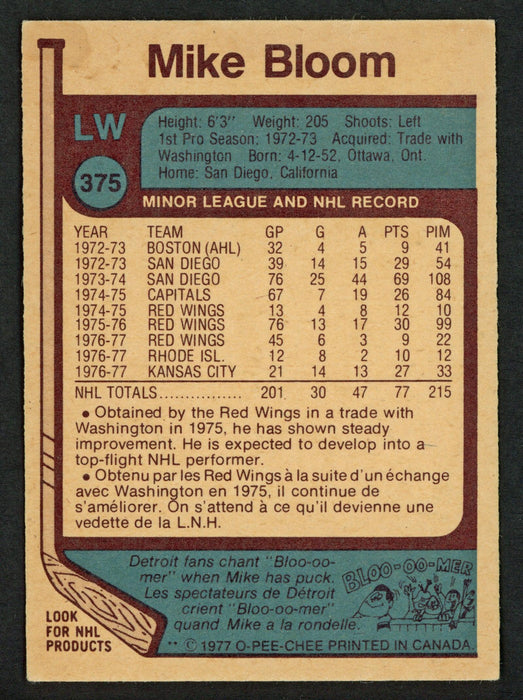 Mike Bloom Autographed 1977-78 O-Pee-Chee Card #375 Detroit Red Wings "To John Best Wishes" SKU #153383 - RSA