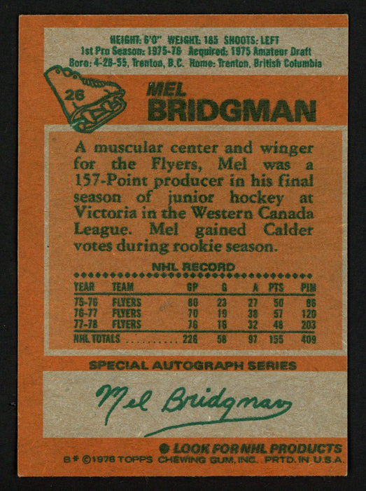 Mel Bridgman Autographed 1978-79 Topps Card #26 Philadelphia Flyers SKU #153515 - RSA